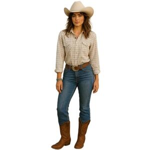 Manchester Ltd Western Cream Plaid Long Sleeve Frayed Shirt with snap Closure